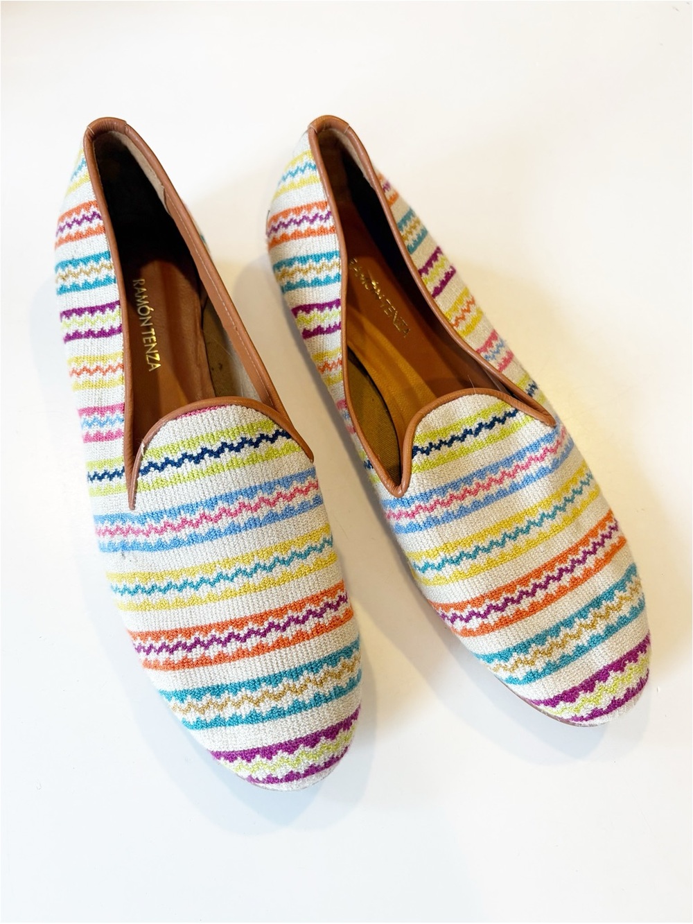 Ramon Tenza || Needlepoint Flats Smoking Loafers Embroidered Chevron Rainbow 10